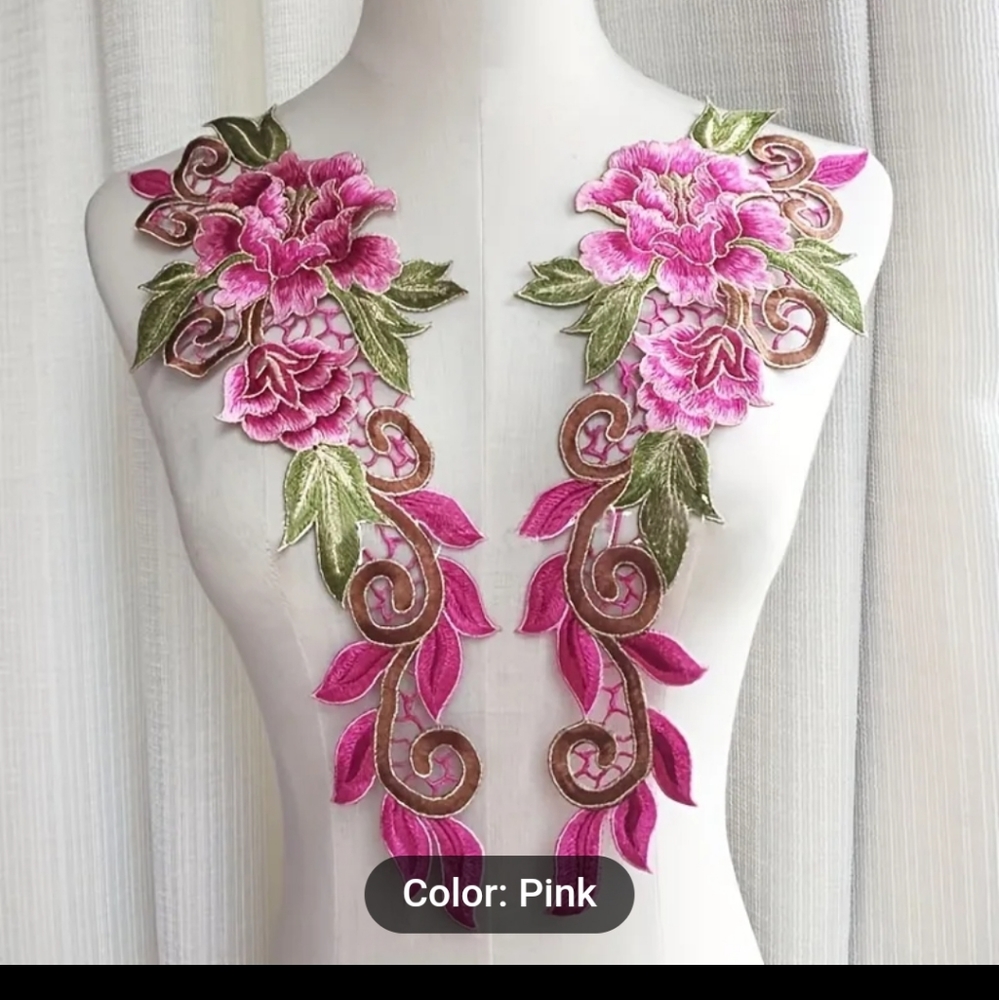 Lace BOGO Pair floral pink goldembroidery lace collar dress trim
